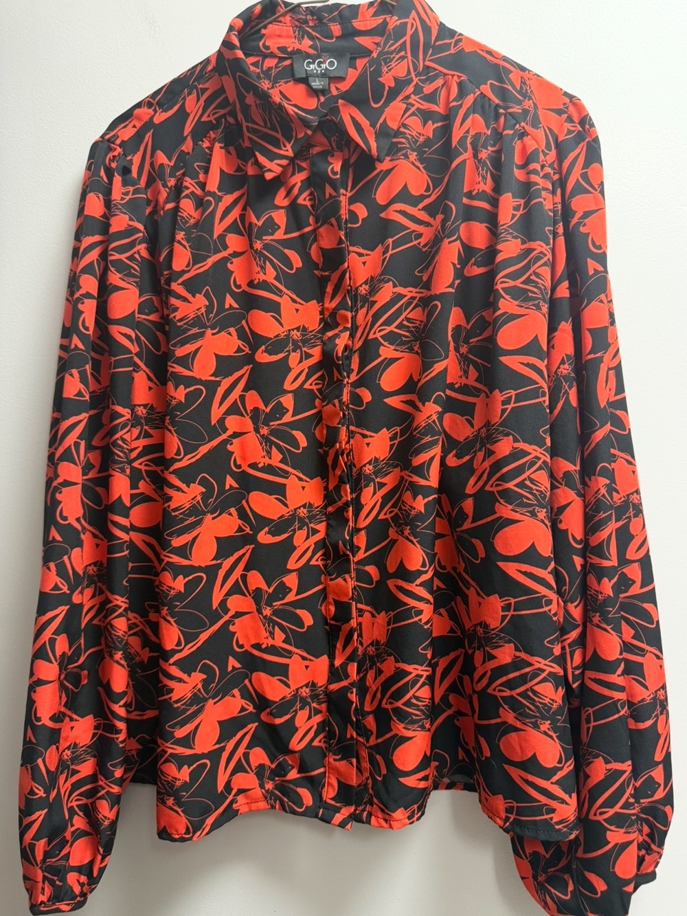 EUVC GiGiO USA Red/Black Modern Floral Pattern Button-Front Blouse Women’s L-XL